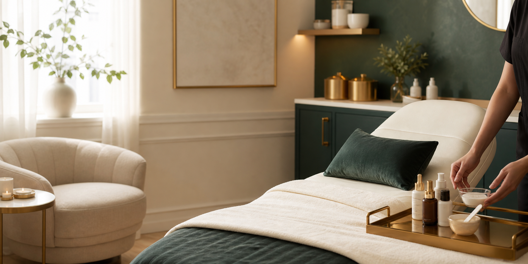A calm med spa treatment suite with cream linens, green accents, and skincare prepared on a brass tray